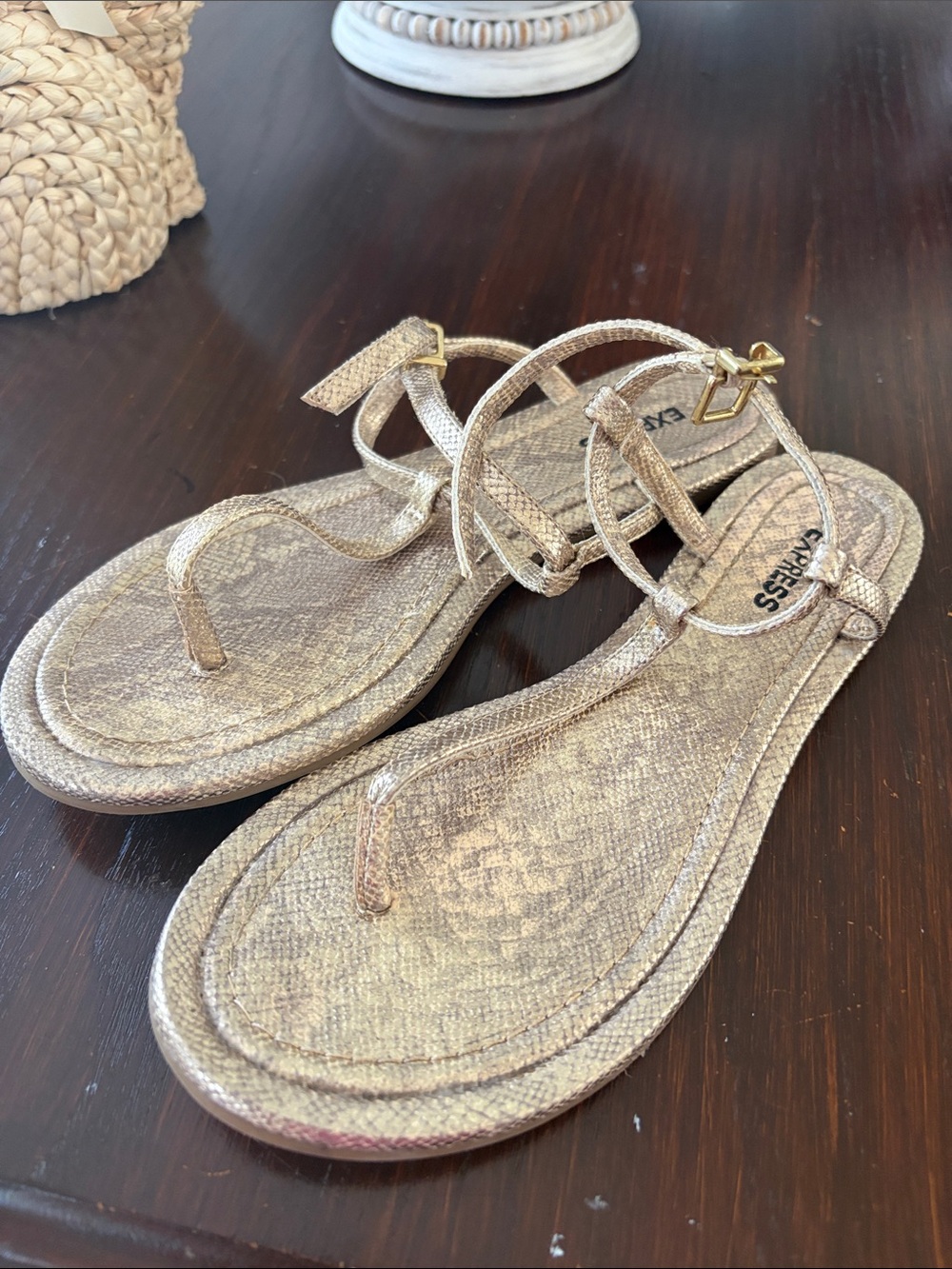 Express Metallic Gold Strappy Ankle-Tie Sandals